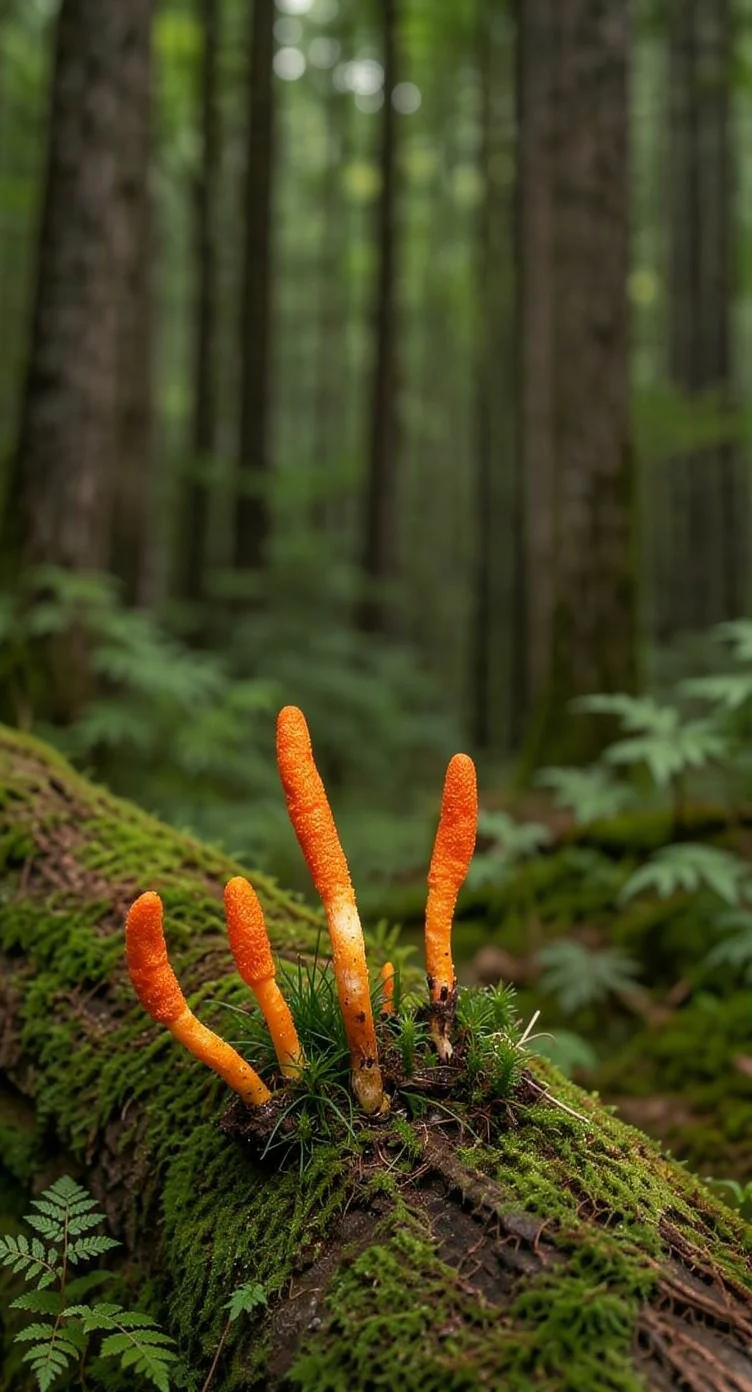 Cordyceps growing on wooden surface
