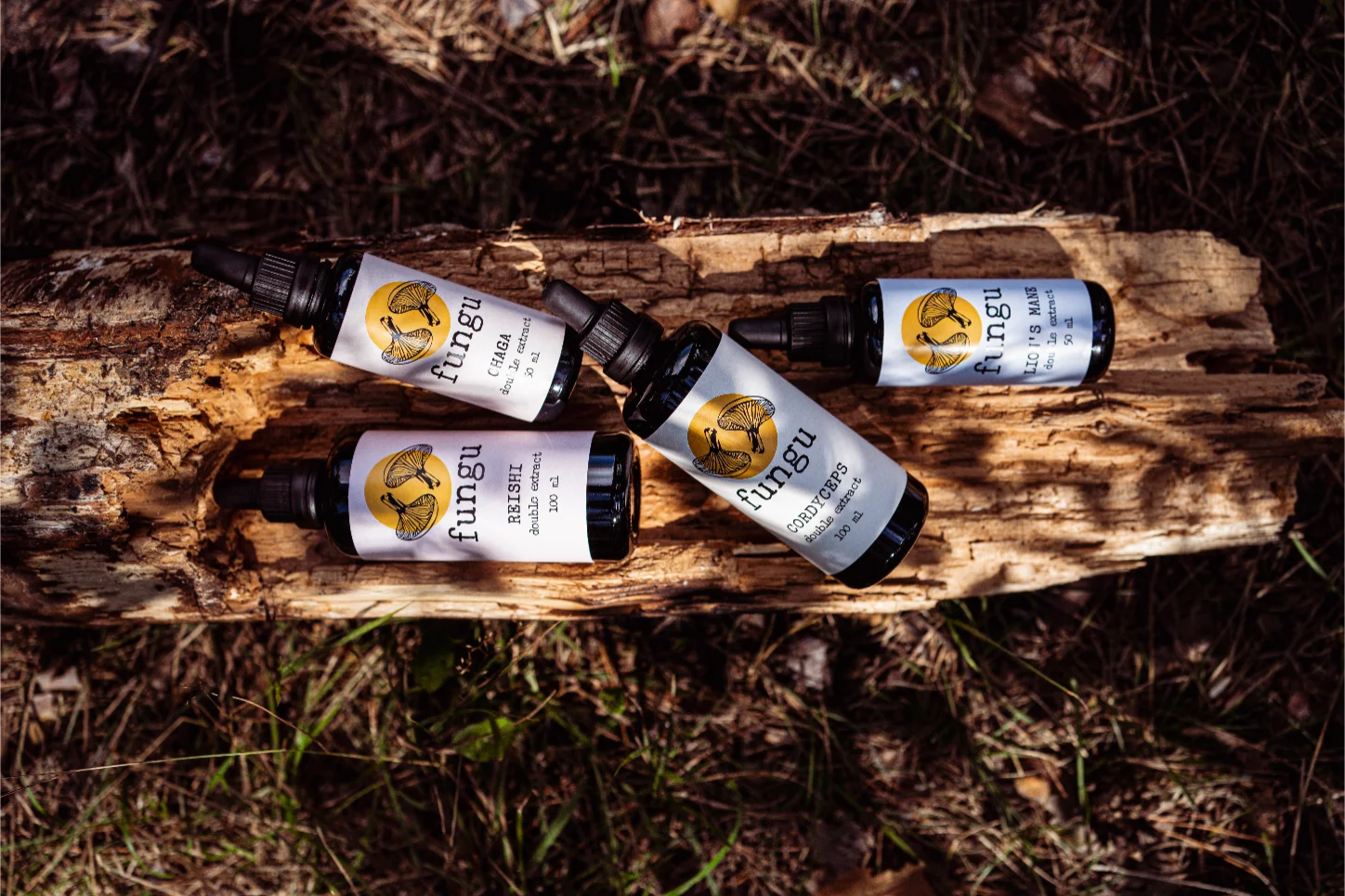 Fungu Forest mushroom extract bottles on wood